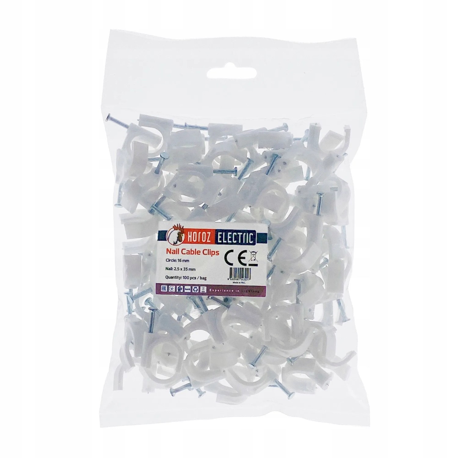 HOROZ Kabelschelle Rund Ø 16 mm Weiß 100 Stück Nagelschelle Kabelhalter für Wandmontage