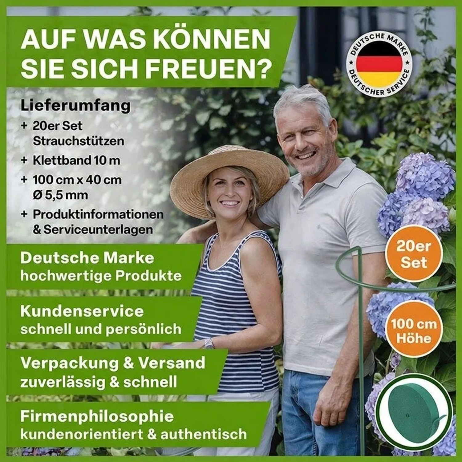 Grüne TTL GARDEN Strauchstützen (20er Set, 100x40cm) mit Klettband im Garten. Pflanzenhalter für Sträucher, Stauden & Rosen.
