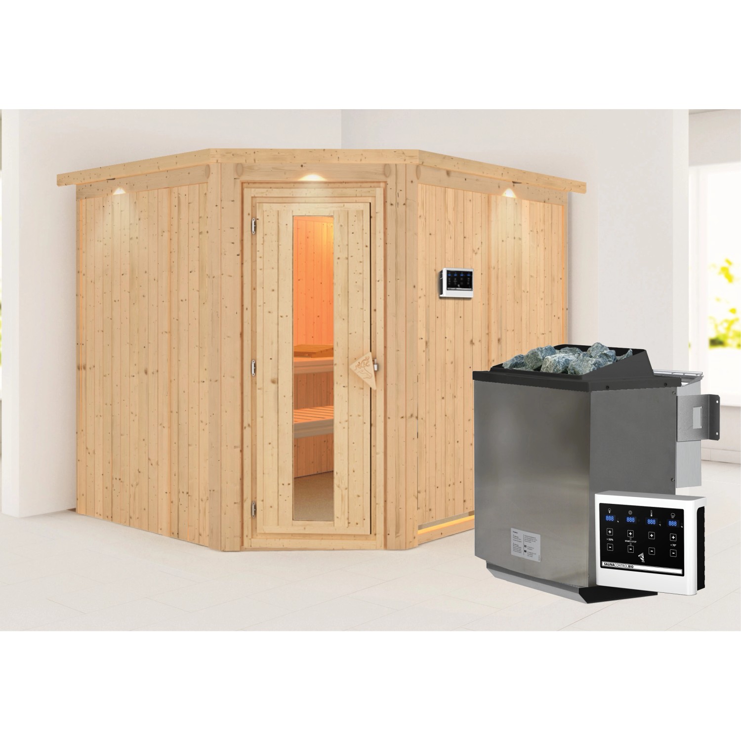 Karibu Sauna mit Bio-Ofen externe Stg.LED-Dachkranz Natur günstig online kaufen