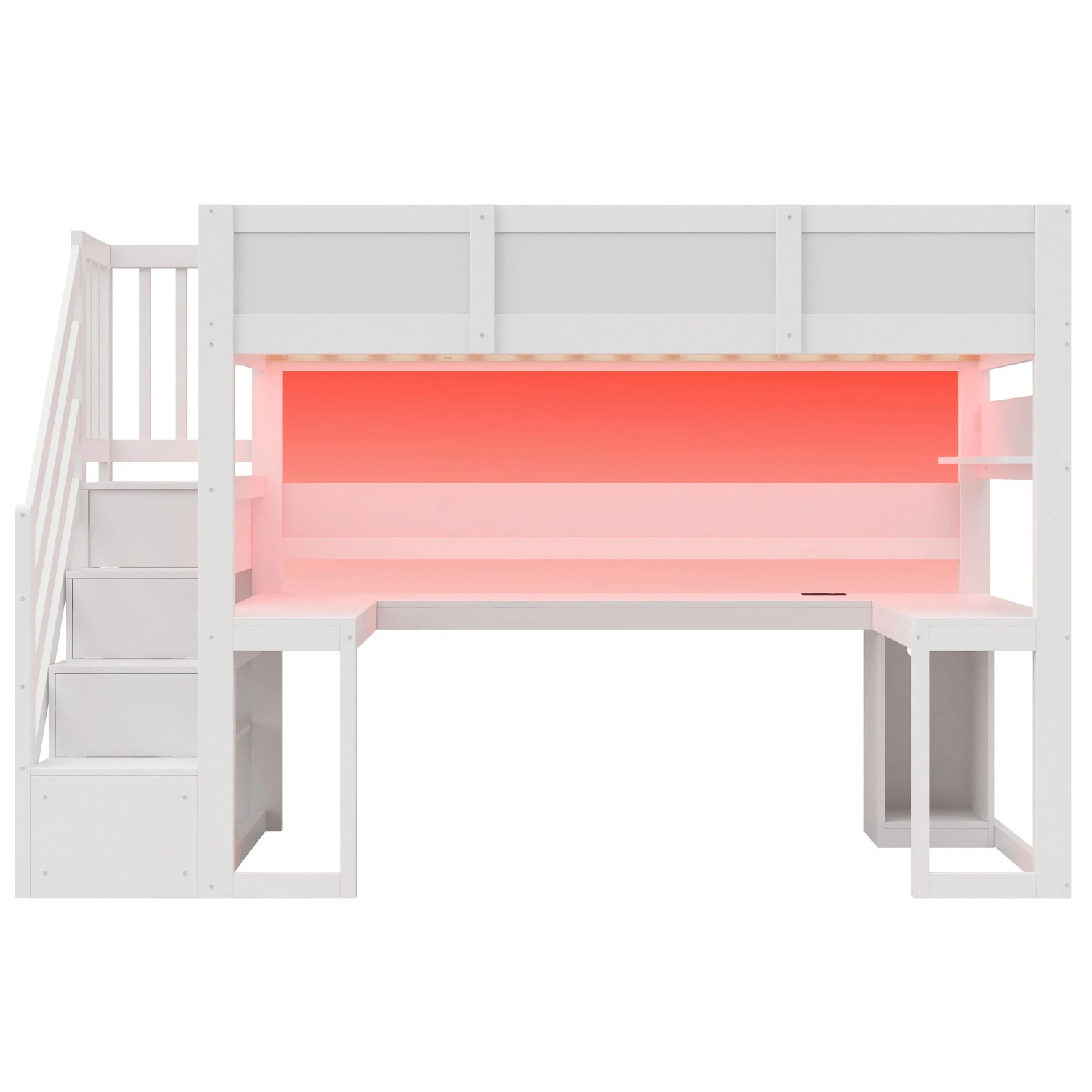 Merax Gaming Hochbett 90x200 cm Mit Schreibtisch Stauraumtreppe USB LED Weiß