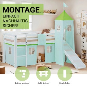 Homestyle4u Kinder Hochbett 90x200 Rutsche Vorhang Turm Grün Kinderbett 2969
