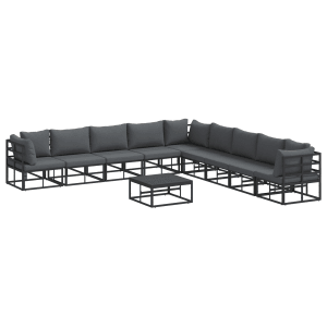 Schwarzes 10-teiliges Garten-Sofa-Set mit Kissen und Tisch aus Aluminium von vidaXL.