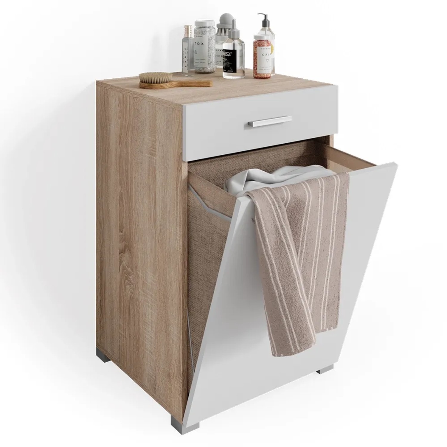 Vicco Badschrank Matteo in Sonoma/Weiß mit Wäschekippe und Schublade. Badregal für mehr Stauraum.