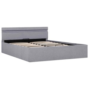 Hellgraues Stauraumbett (140x200 cm) mit LED-Beleuchtung und Lattenrost. Bett mit Stoffbezug.