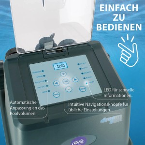 Gre 3 in 1 Salzelektrolyseanlage für Pools bis 25m³ mit digitalem Display und Bedienelementen.
