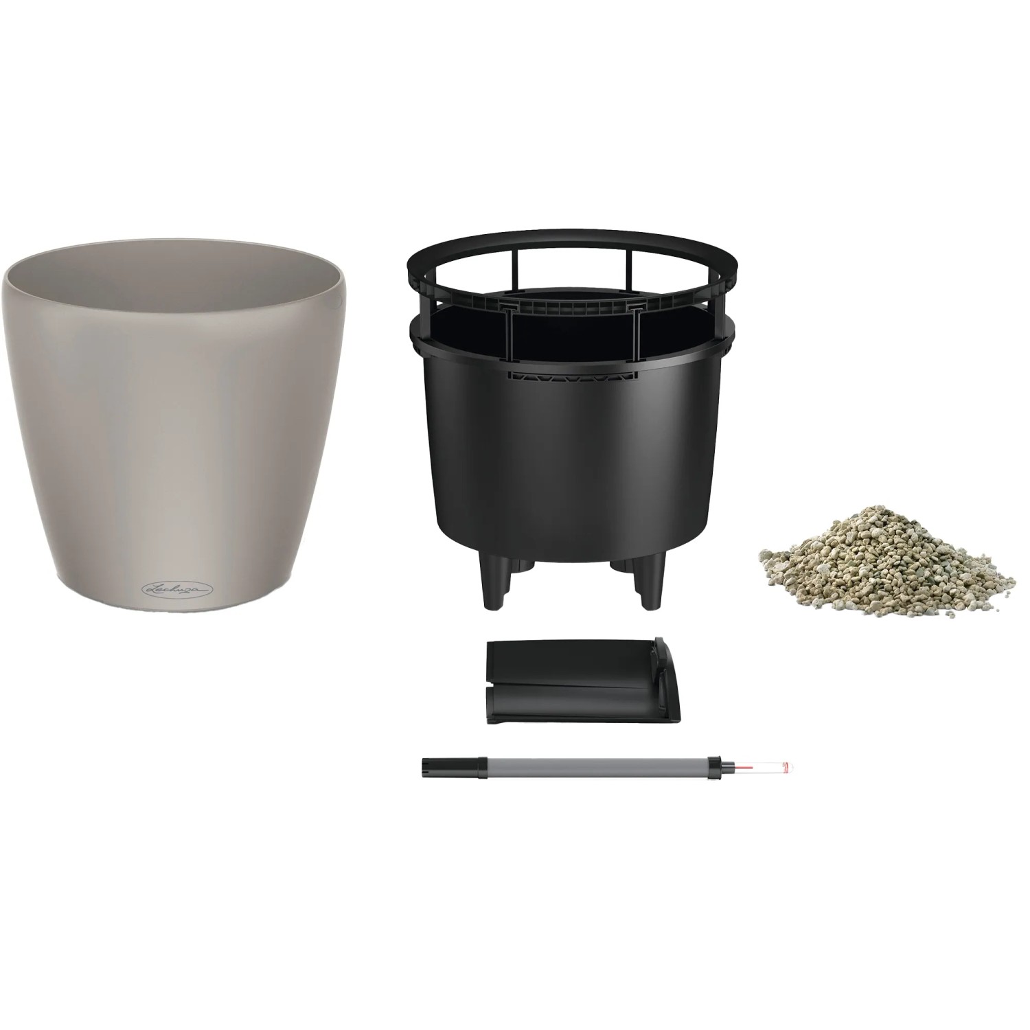 Lechuza Classico Color LS 28 Sandbraun, Pflanzgefäß mit Zubehör und Bewässerungssystem.