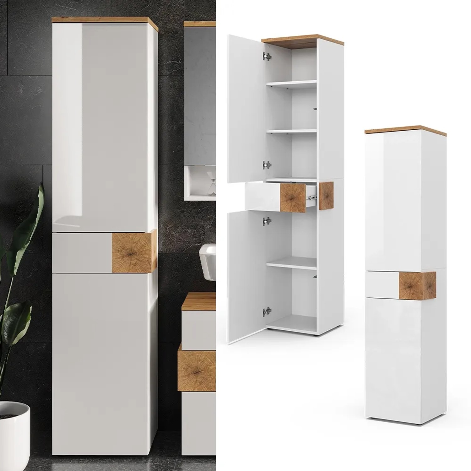 Vicco Badschrank Eden, weiß hochglanz/Artisan-Eiche, 40x184cm, mit Türen und Schublade.