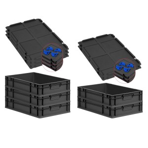 PROREGAL Sparset: 5 Euroboxen Nextgen mit Deckel und blauen Verschlüssen, 12x40x60cm, 23 Liter, schwarz.