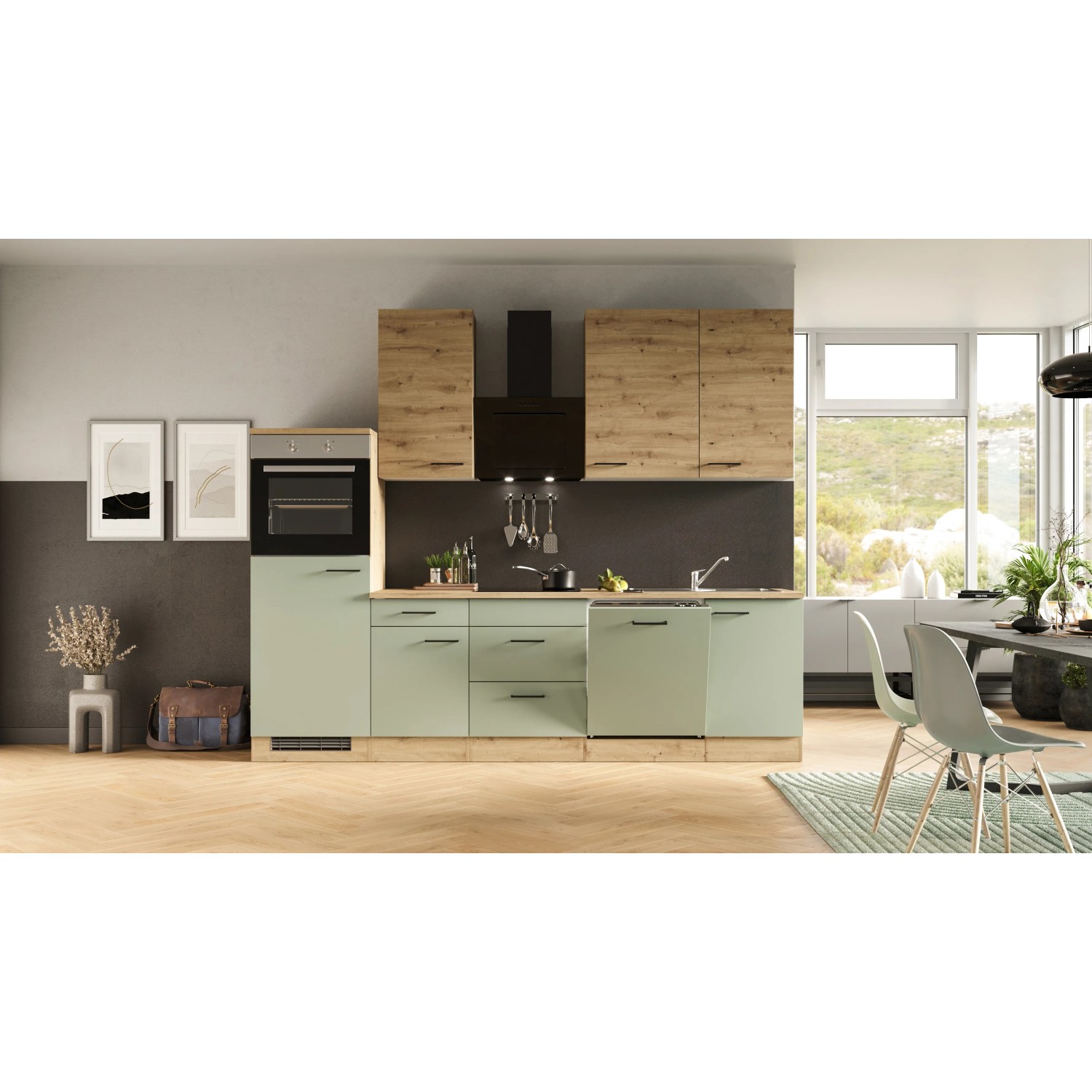 Flex-Well Küchenzeile Cara in Schilfgrün/Artisan Eiche mit E-Geräten und Spüle. Moderne Einbauküche.