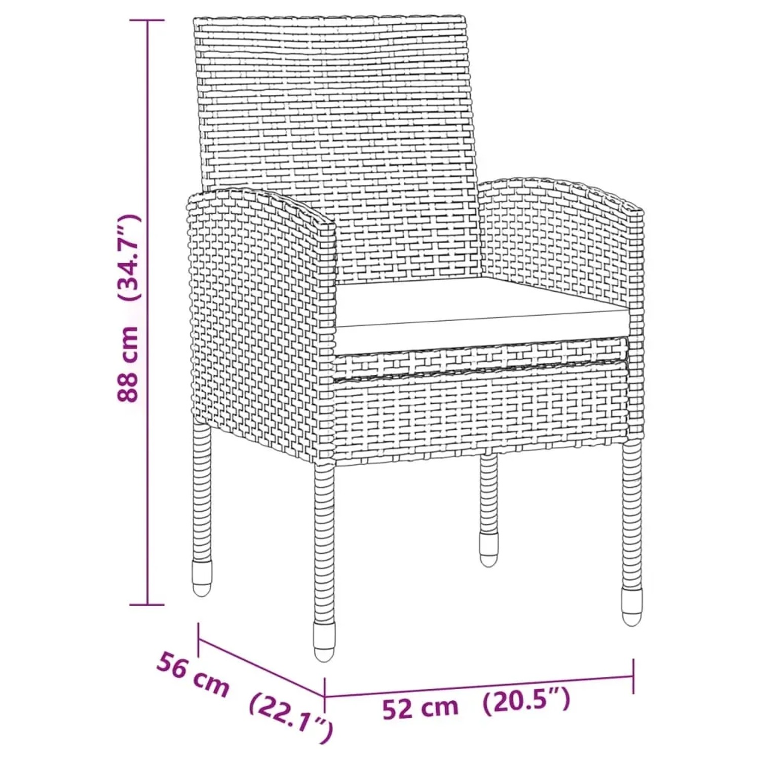 Schwarzer vidaXL Gartenstuhl aus Rattan mit Sitzkissen, Teil der 3-tlg. Essgruppe.