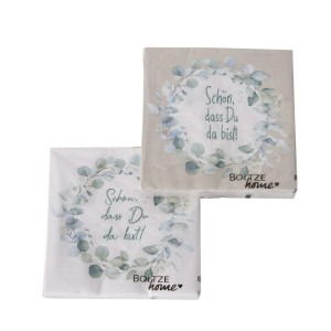 Boltze Servietten Eukana, 2-fach sortiert, mit Eukalyptus-Design und dem Spruch 'Schön, dass Du da bist!'