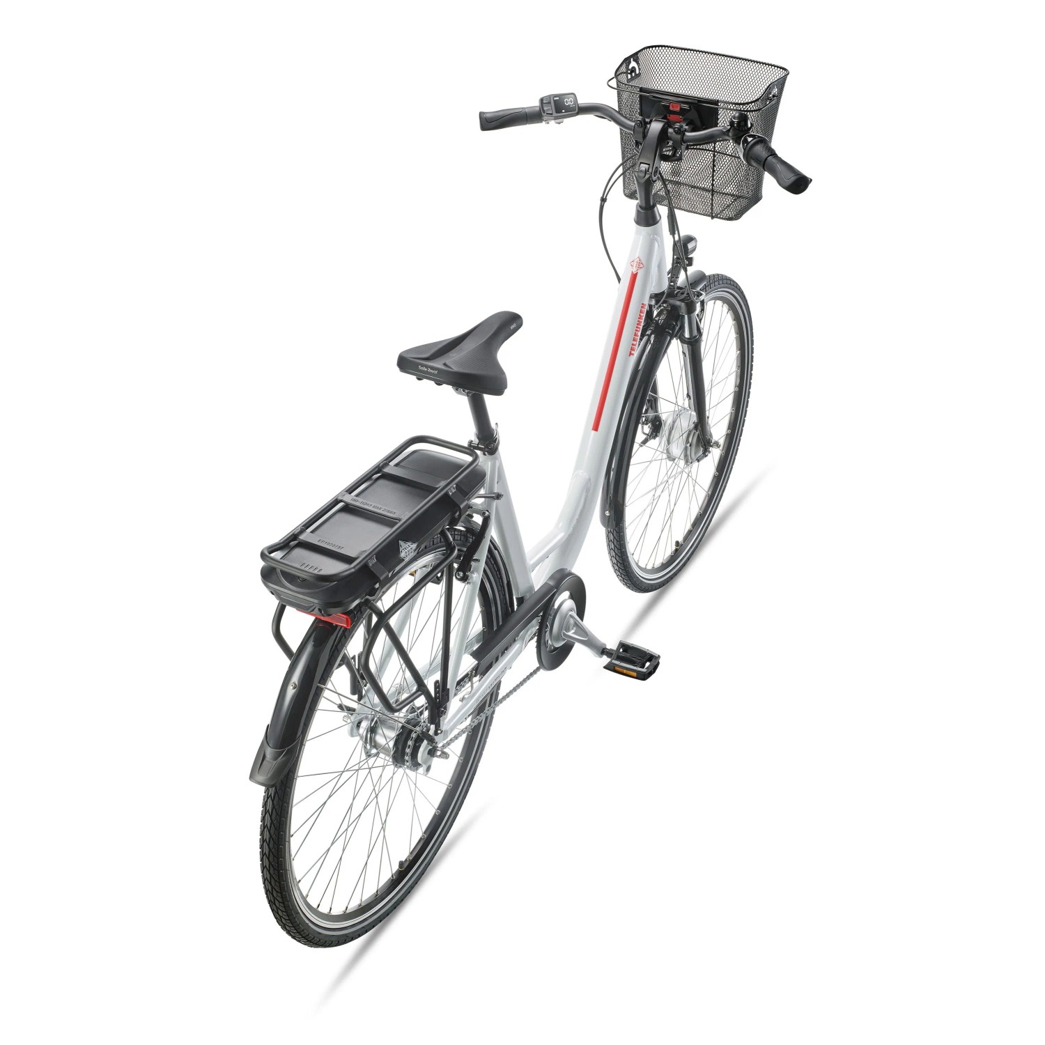 Weißes Telefunken City E-Bike 28 Zoll mit Korb, 7-Gang Shimano Nabenschaltung und Gepäckträgerakku.