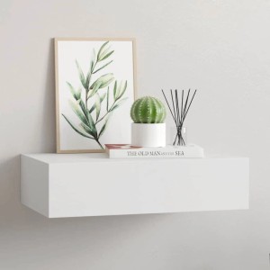Modernes weißes Wandregal mit integrierter Schublade aus MDF, schwebend montiert, ideal für Dekoration und Ablage.