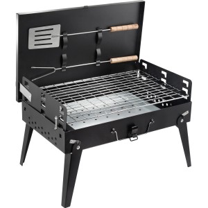 Faltbarer, schwarzer Camping Holzkohlegrill mit Grillrost und Zubehör.