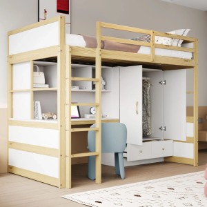 Merax Hochbett 90x200cm aus Holz mit weißem Schrank, Schreibtisch und Leiter für Kinderzimmer.