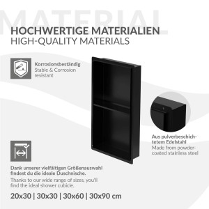 Schwarze LuxeBath Wandnische Doppel, 30x60x10 cm, aus Edelstahl für die Dusche.