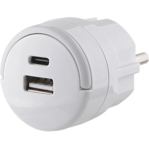 Weißer, runder USB-Adapter mit USB-A und USB-C Anschluss für schnelles Aufladen.