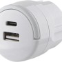 Weißer, runder USB-Adapter mit USB-A und USB-C Anschluss für schnelles Aufladen.
