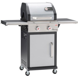 Landmann Gasgrill Triton PTS 2.0, silberner Grillwagen mit 2 Brennern, Seitenablagen und Unterschrank.