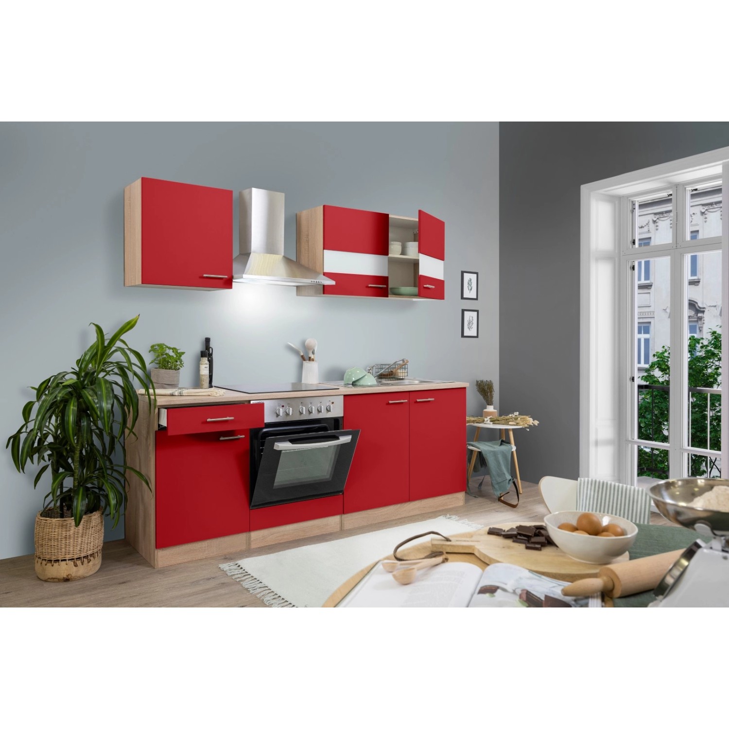 Respekta Küchenzeile/Küchenblock KB210ESRC 210 cm Rot-Eiche Sägerau Nachbildung
