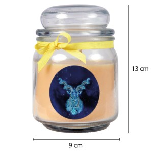 Duftkerze im Glas mit Sternzeichen Steinbock, Vanilleduft, gelbes Band.