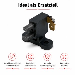 Schwarzer Kohlenhalter mit zwei grauen Schleifkohlen und Messing-Flachstecker für 3-Phasen Stromerzeuger.