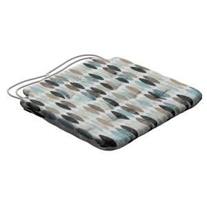 Dekoria Stuhlkissen Christoph blau-beige mit geometrischem Muster und Bindebändern.