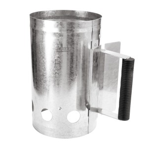 Anzündkamin aus Metall mit Kunststoffgriff für Grillanzünder und Brennstoffe.