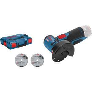 Bosch Professional Akku-Winkelschleifer GWS 12V-76 mit L-Boxx und Trennscheiben.