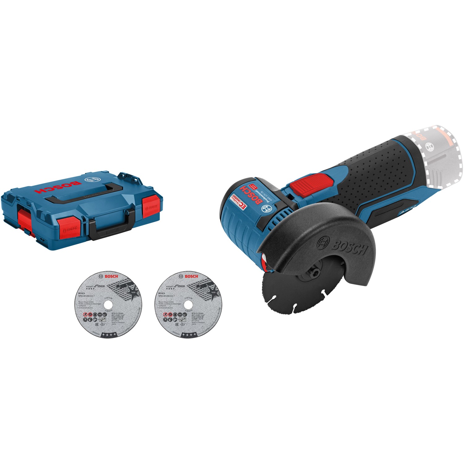 Bosch Professional Akku-Winkelschleifer GWS 12 V-76 Solo, L-Boxx + Trennscheiben