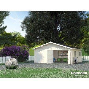Palmako Holzgarage Roger, tauchgrundiert, mit Holztor, Fenster und Tür in Gartenumgebung.