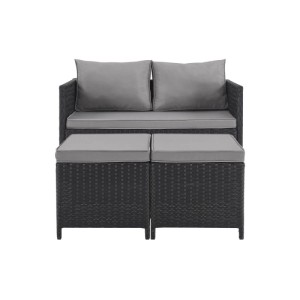 Schwarze Svita Athina Polyrattan Sitzgruppe: Sofa und zwei Hocker mit grauen Kissen. Kompaktes Balkonmöbel Set.