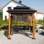 SOJAG Grillpavillon Maui in Holzoptik mit dunklem Stahldach und Seitenablagen. Ideal für Terrassen.