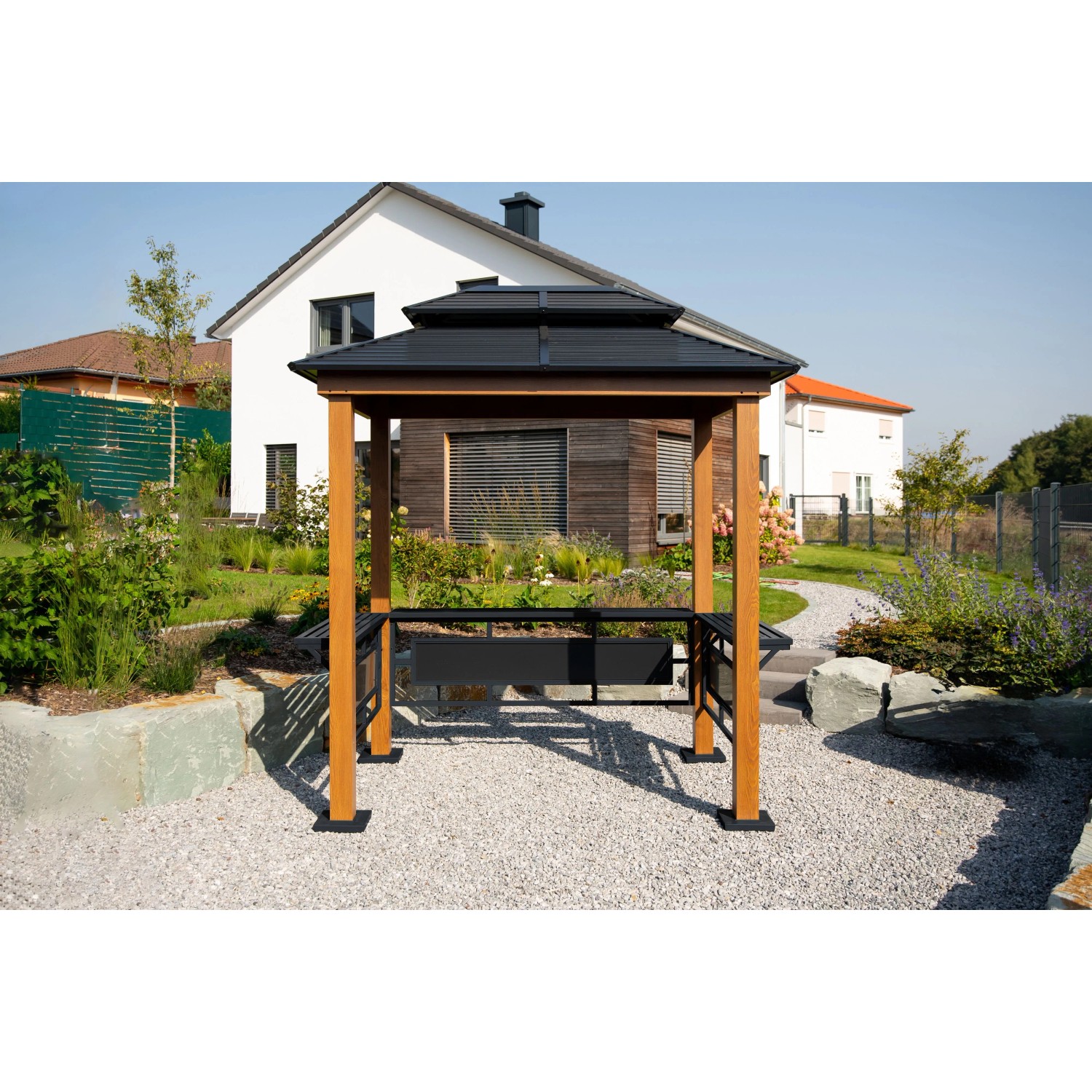 SOJAG Grillpavillon Maui in Holzoptik mit dunklem Stahldach und Seitenablagen. Ideal für Terrassen.