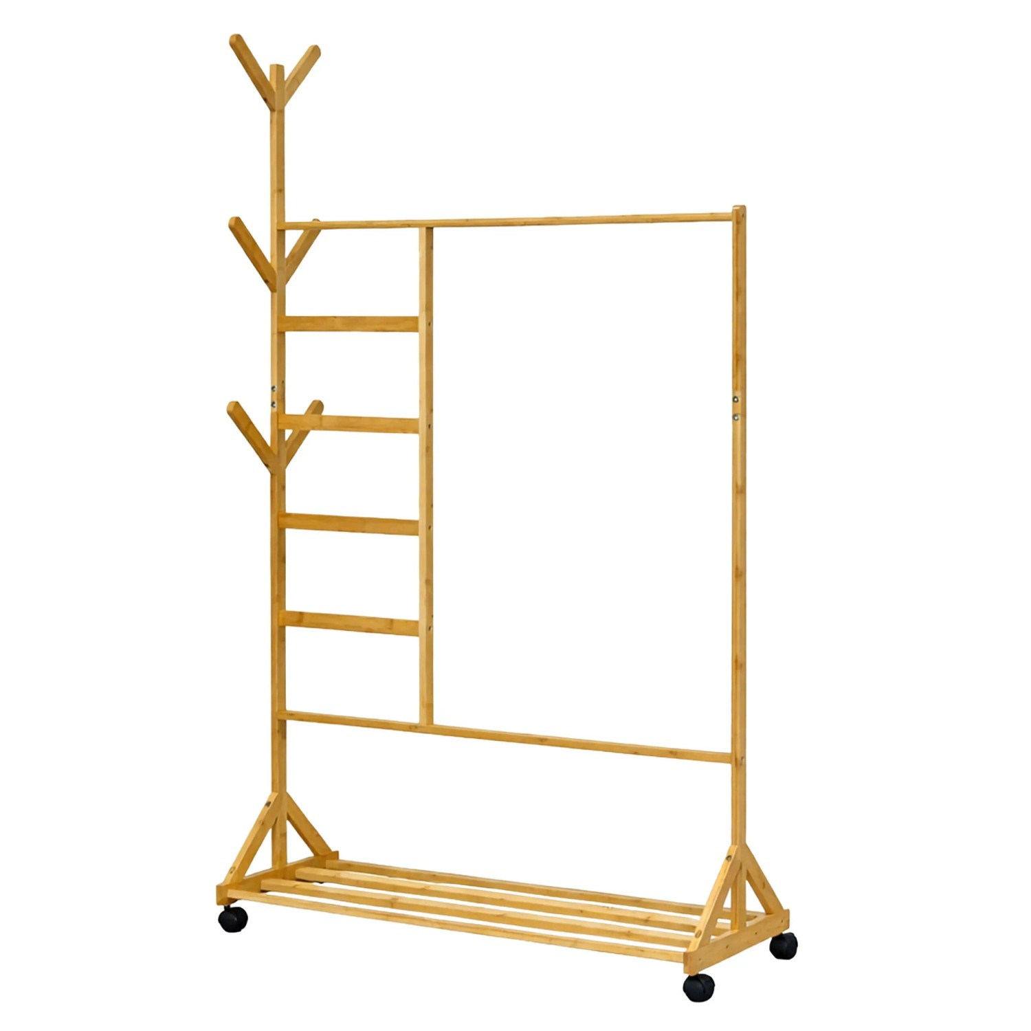 Relaxdays Kleiderständer Bambus Natur mit Rollen mit Bremsen 171 cm x 97 cm x 37 cm