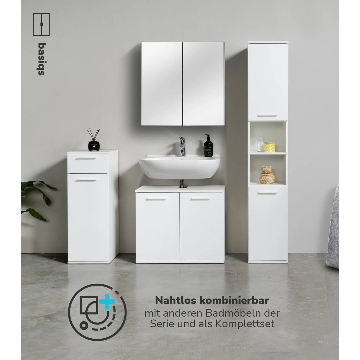 mokebo Waschbär Badmöbel-Set in Weiß: Waschbeckenunterschrank, Spiegelschrank und Hochschrank.