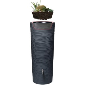 Garantia Regenwasserbehälter Natura 2in1, 350 l, Graphite Grey mit Pflanzschale und wellenförmiger Struktur.