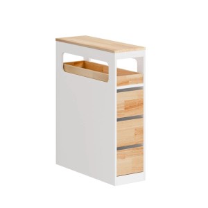 Schmaler Badschrank weiß-natur mit 3 Holzschubladen, offenem Fach und Rollen. Ideal als Nischenschrank.