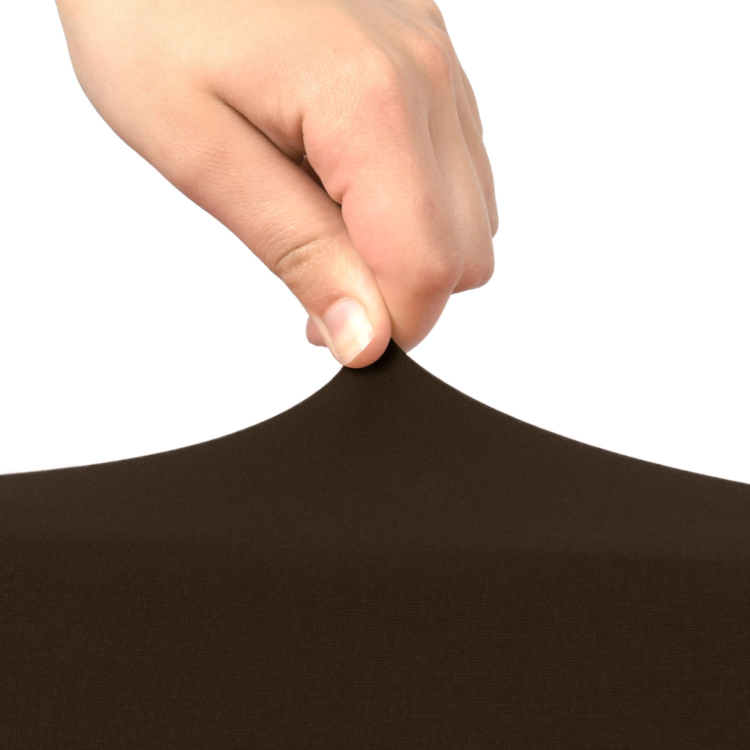 Braune Beautissu Stuhlhusse Leona Stretch, elastischer Stoff wird von Hand gezogen.