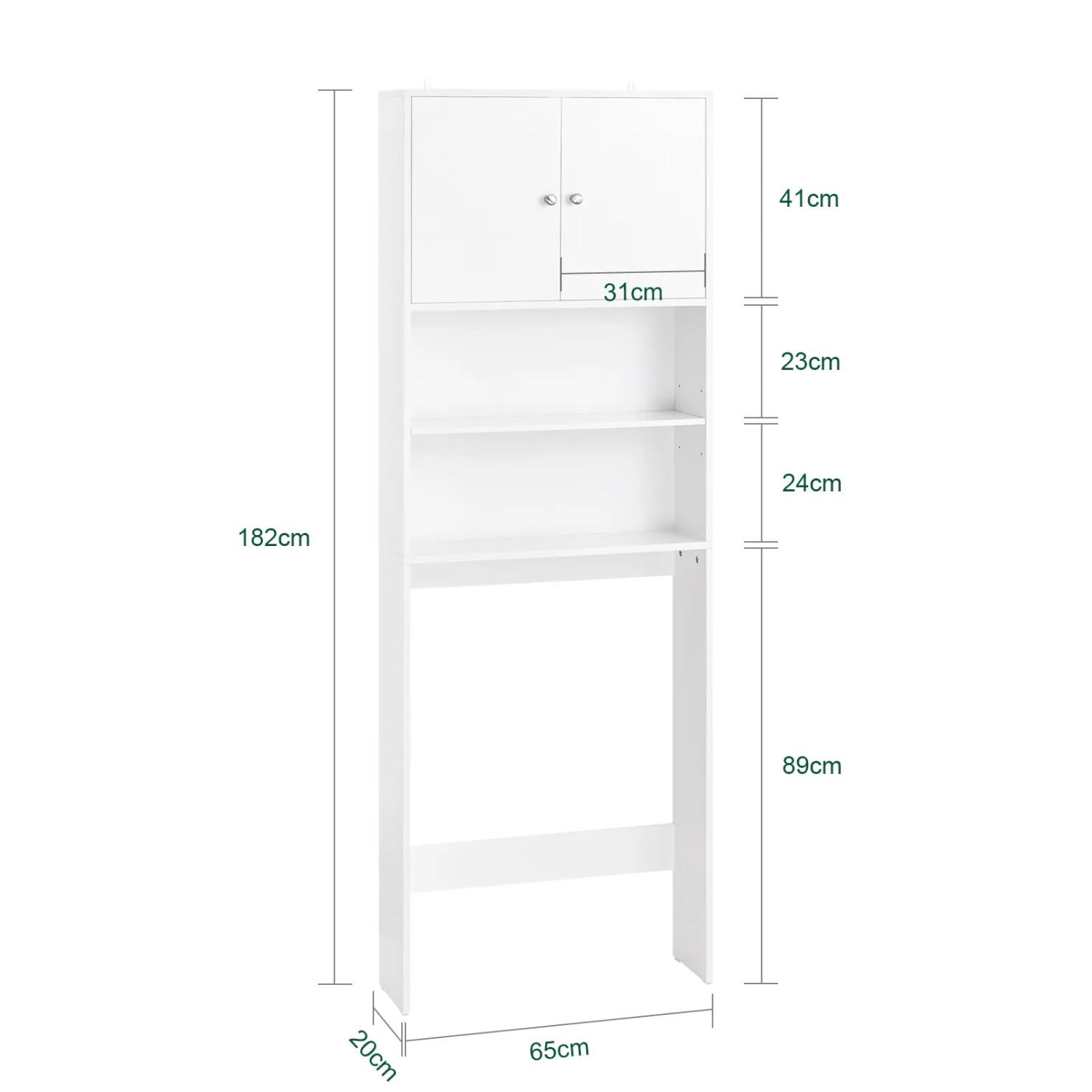 Weißes Toilettenregal mit Schrank und offenen Fächern, passend über Waschmaschine.