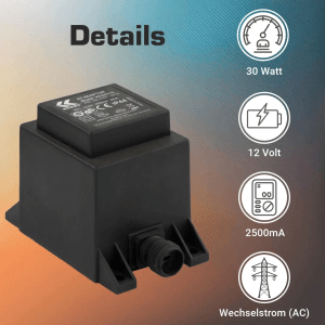 Schwarzer Kerry Electronics Trafo 30W, 12V AC/AC mit 2-Pin-Stecker für Elektroinstallation.