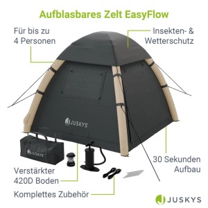 Juskys aufblasbares Zelt EasyFlow L, dunkelgrau/khaki, mit Zubehör für Camping & Outdoor.