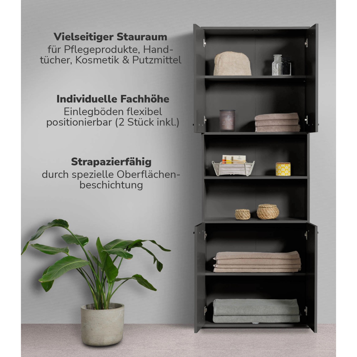 Mokebo Bad Hochschrank „Der Kapitän“ in Anthrazit, mit offenen Fächern und Ablagen für Badutensilien.