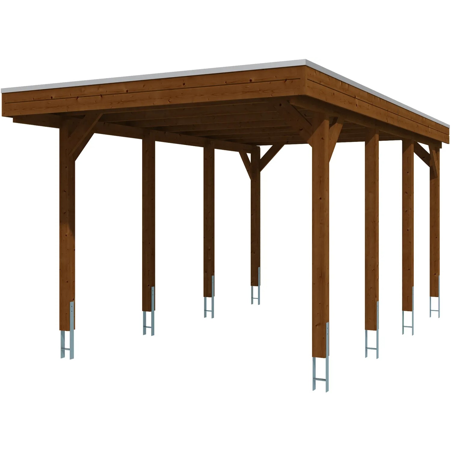 Skan Holz Einzelcarport aus Nussbaumholz, stabile Holzkonstruktion mit flachem Dach.