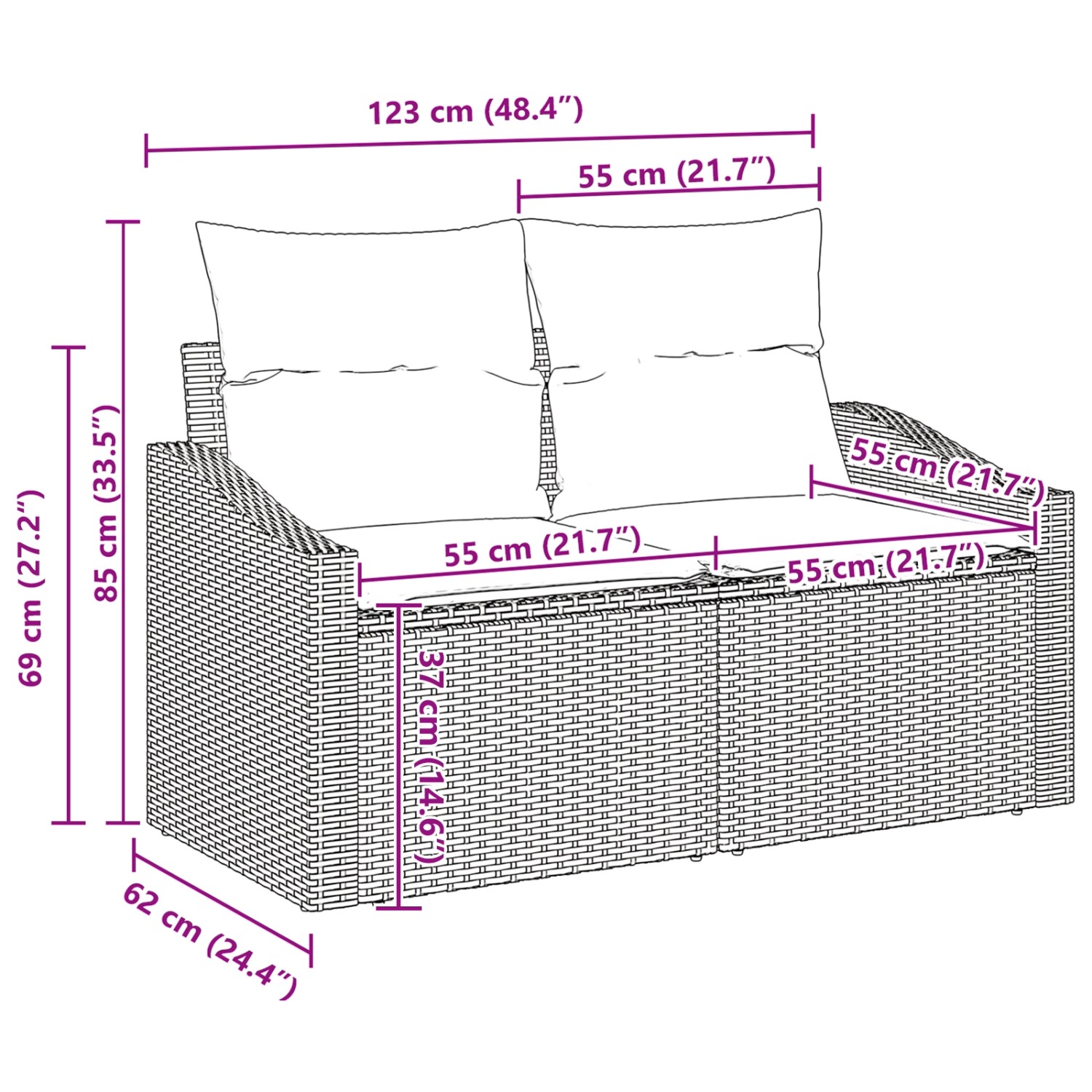 Skizze einer beigen 9-tlg. vidaXL Garten-Sofagarnitur aus Rattan mit Maßen.