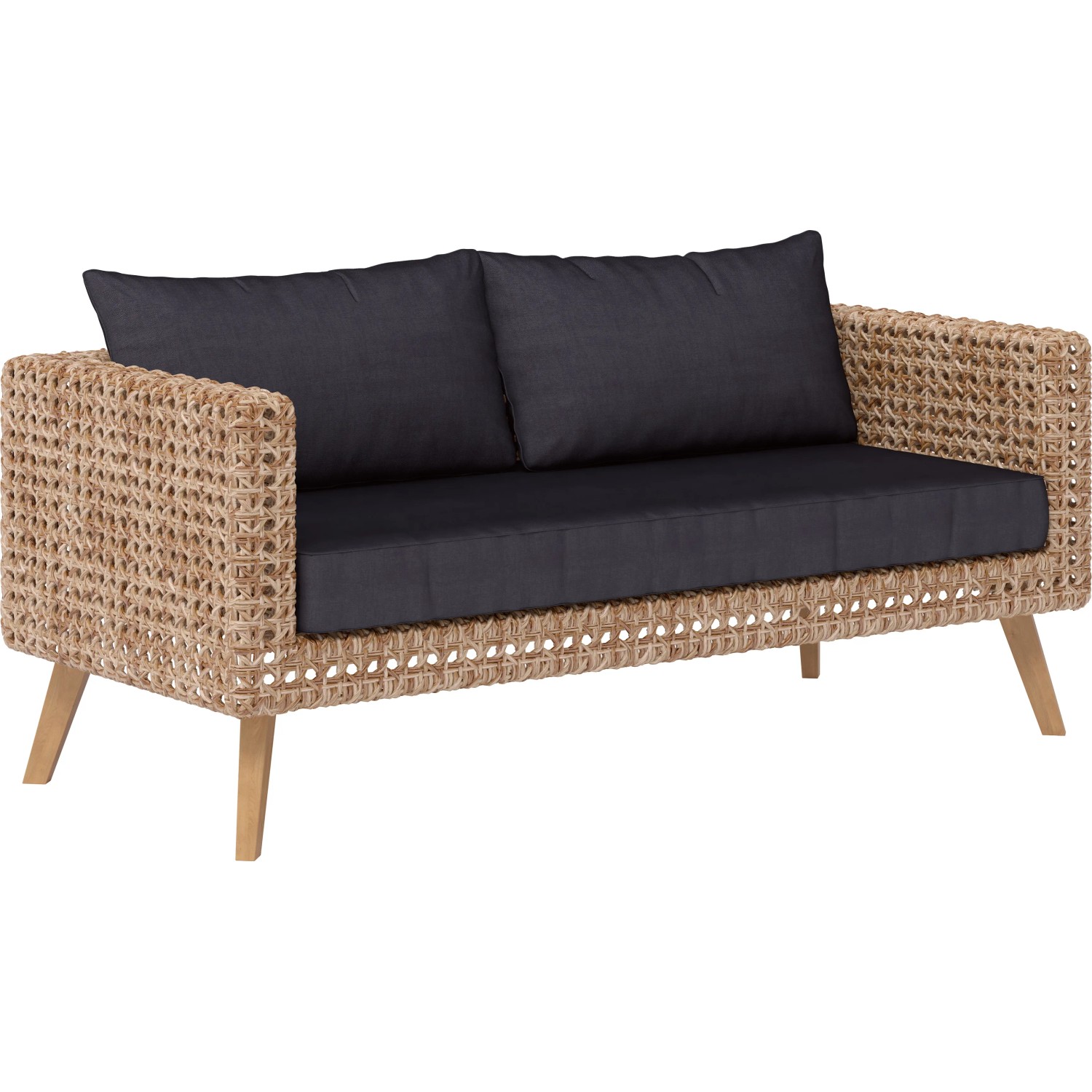 Lounge-Sofa Junee: 2,5-Sitzer aus Polyrattan in Natur mit anthrazitfarbenen Kissen.