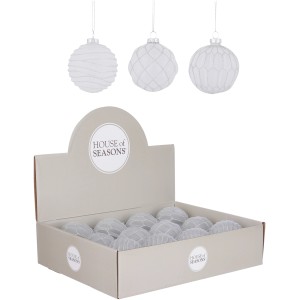 Weiße Weihnachtskugeln aus Glas, 8 cm Durchmesser, verschiedene Designs im Displaykarton.