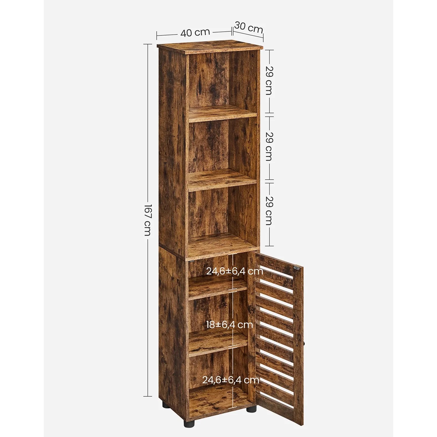 Vasagle Badezimmerschrank, braun, 30x40x167cm, mit offenen Fächern und Tür. Sideboard für Badutensilien.