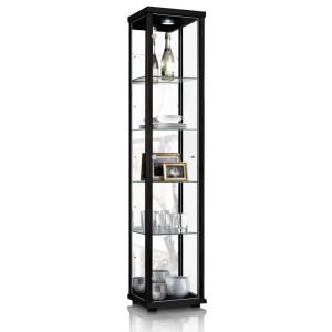 Schwarze Glasvitrine mit LED-Beleuchtung und Glasböden, 176x37x33 cm, für Sammlerstücke.