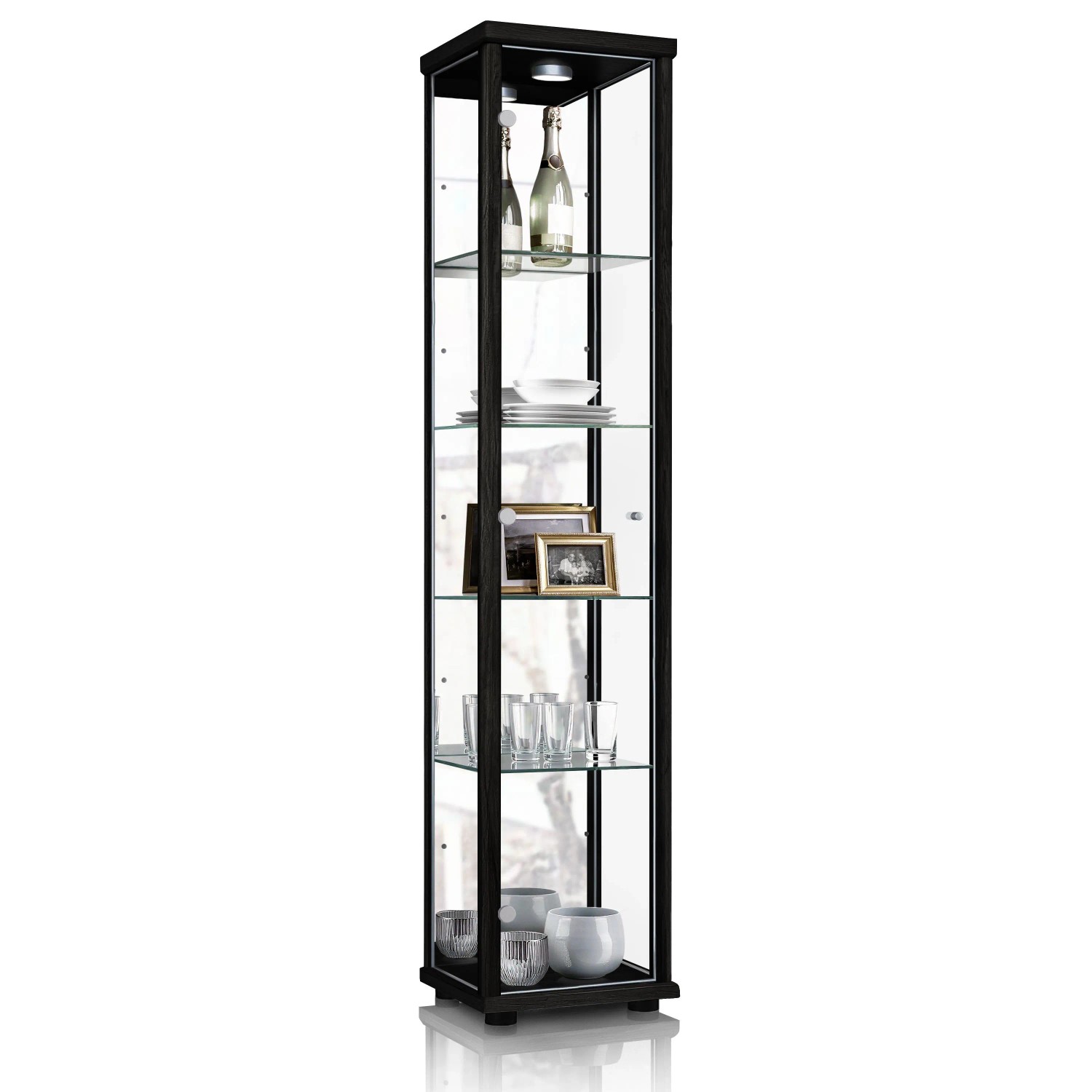 K-Möbel Glasvitrine Stehend 176x37x33 cm mit Spiegel LED & 4 Höhenverstellb günstig online kaufen